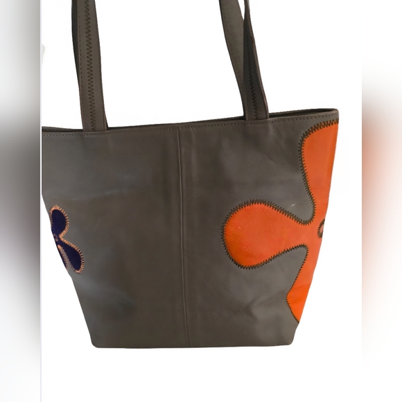 Lamarthe of Paris Leather Purse Gray Boho Flower Shoulder Bag French Designer - Picture 3 of 16